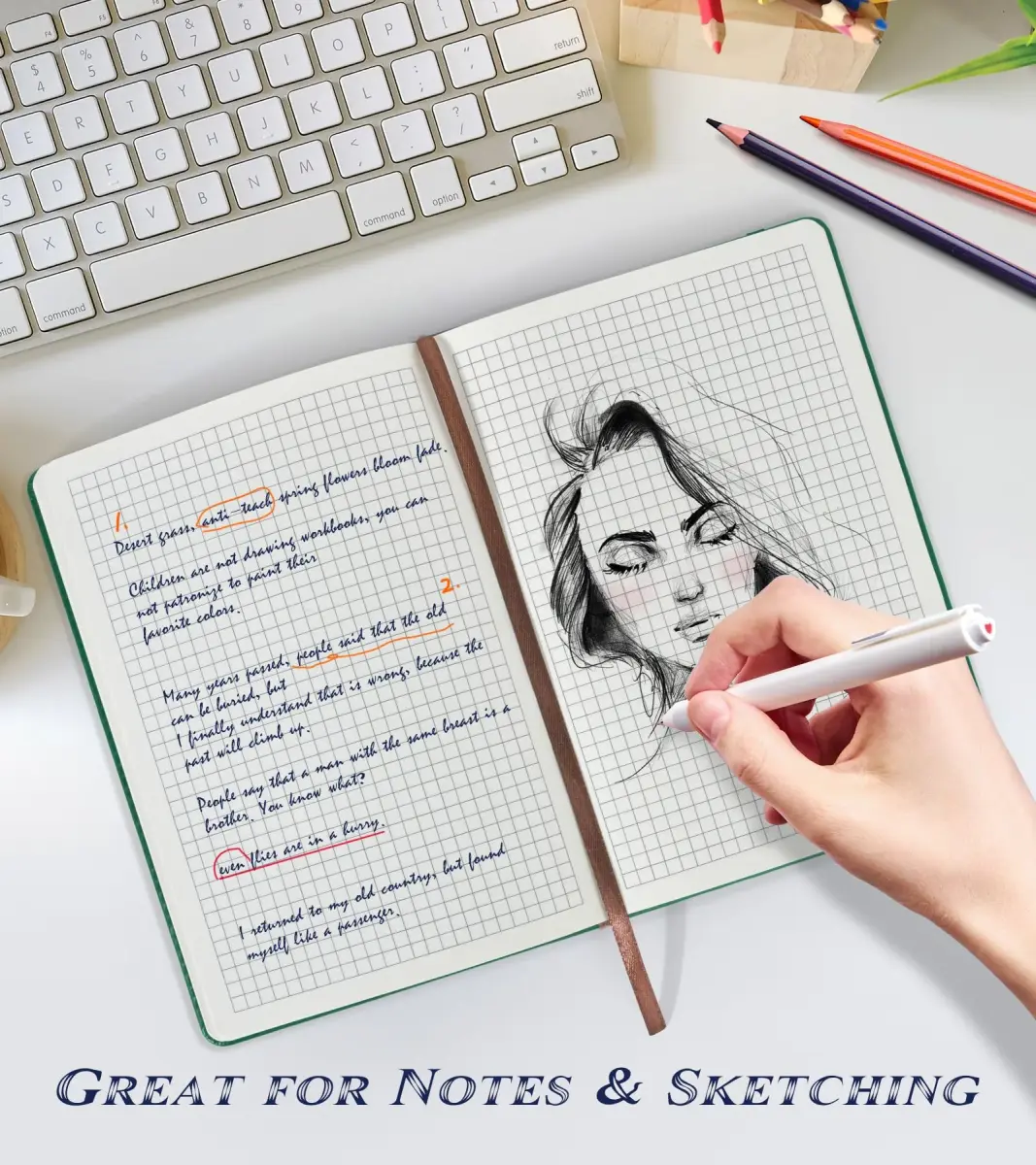 Biuwory Graph Paper Notebook Journal for Women Men, 140 Pages A5 (5.7"×8.3") Hardcover Leather-Look Grid Notebook - view 3