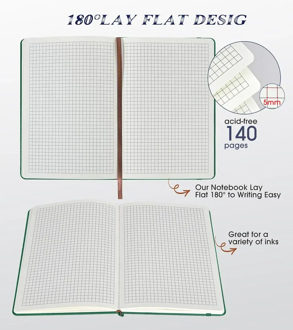 Biuwory Graph Paper Notebook Journal for Women Men, 140 Pages A5 (5.7"×8.3") Hardcover Leather-Look Grid Notebook - view 5