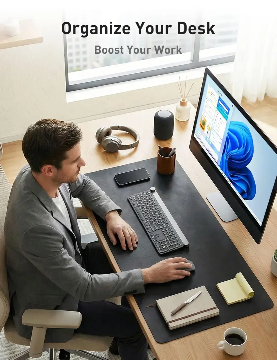 Aothia Faux Leather Desk Mat - Black, 140cm x 60cm (55" x 24") | Protects Desks from Scratches, Spills, and Heat - view 3