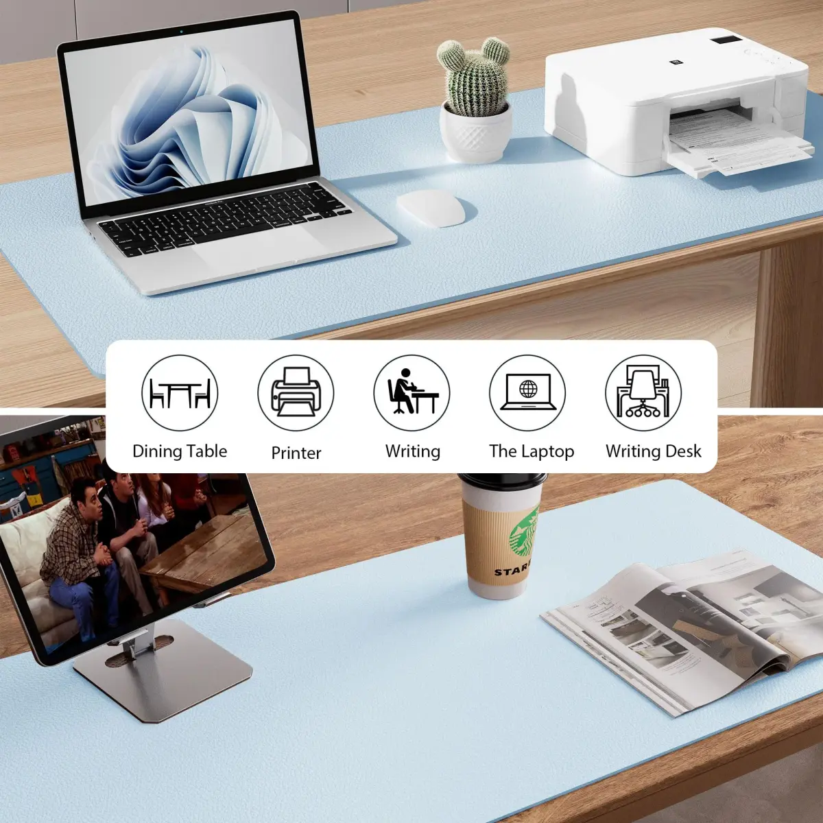 Aothia Faux Leather Desk Mat 55" x 17" (140cm x 43cm) | Baby Blue | Large Office Desk Pad - view 6