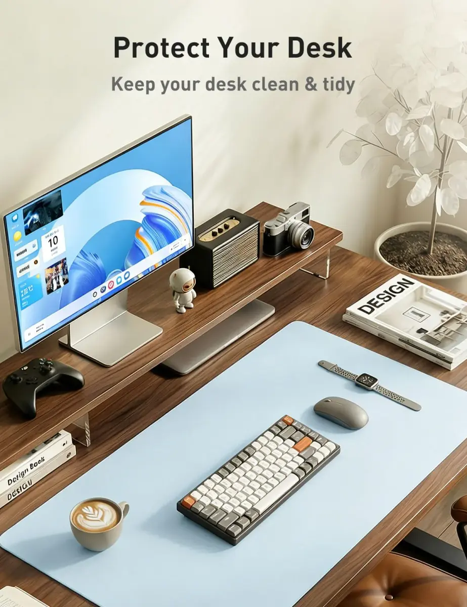 Aothia Faux Leather Desk Mat 55" x 17" (140cm x 43cm) | Baby Blue | Large Office Desk Pad - view 8