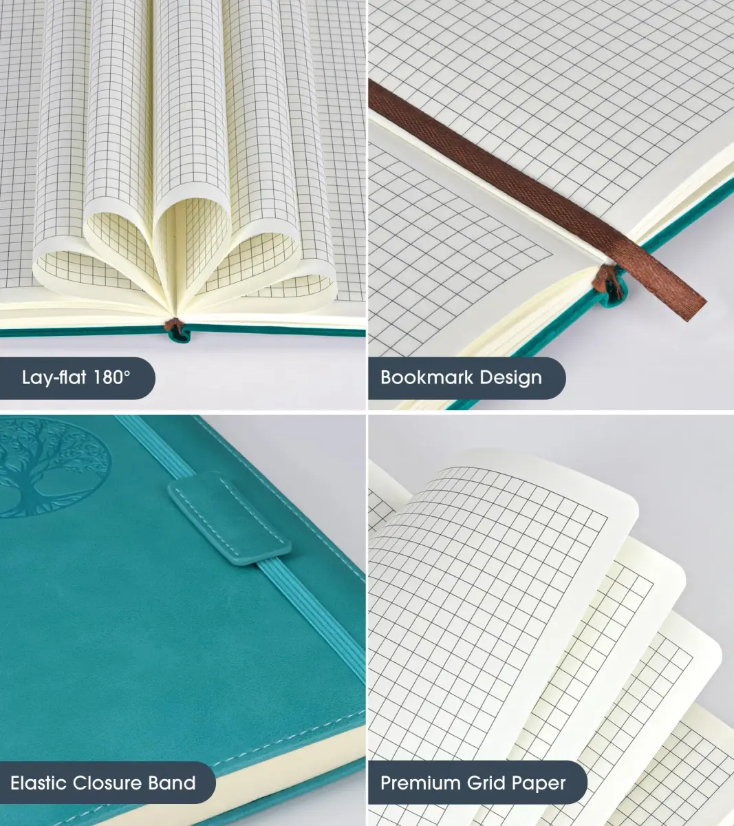 Biuwory A5 Grid Paper Notebook Journal for Women Men, 140 Pages Hardcover Leatherette, Blue | Acid-Free Paper Notebook - view 3
