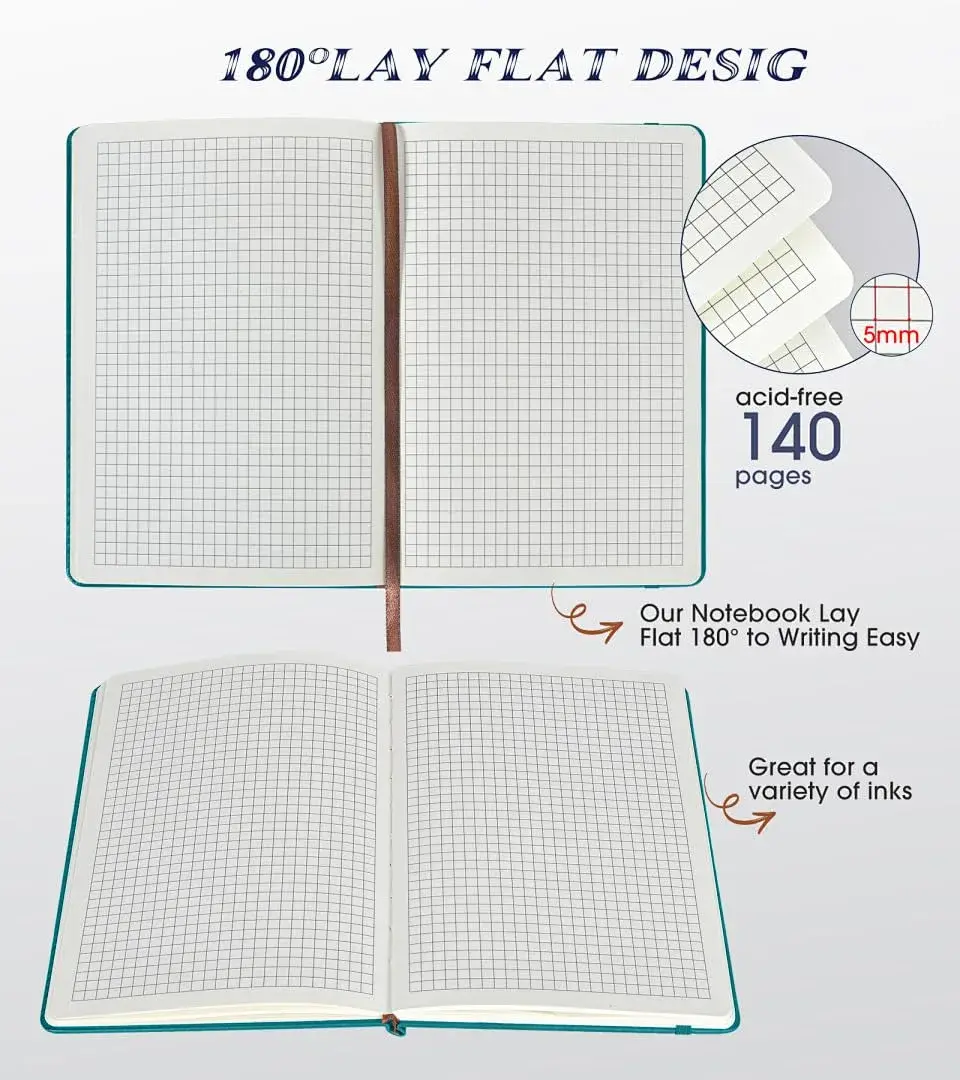 Biuwory A5 Grid Paper Notebook Journal for Women Men, 140 Pages Hardcover Leatherette, Blue | Acid-Free Paper Notebook - view 4