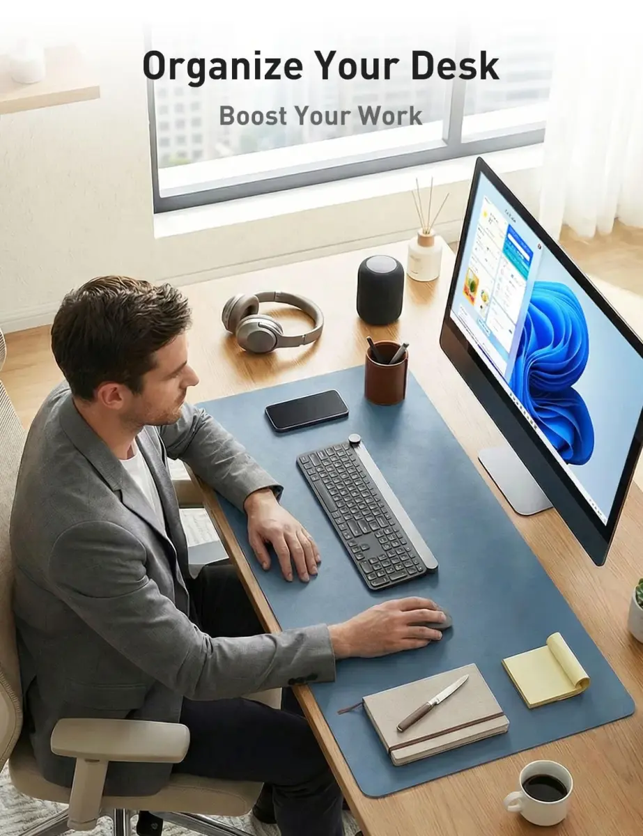 Aothia Faux Leather Desk Mat Large Waterproof Writing Surface with Non-Slip PU Leather for Office & Home, Denim Blue (55" x 24") - view 4