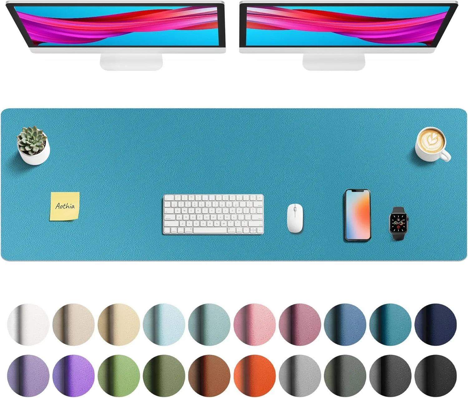 Aothia Faux Leather Desk Mat Turquoise 55" x 17" | Protects Your Desk with Professional Style - main product image