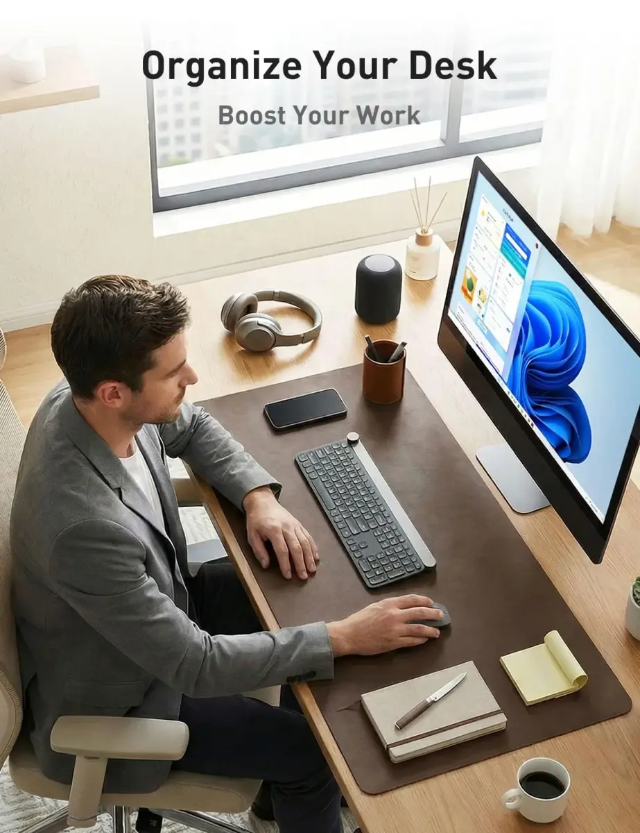 Aothia Faux Leather Desk Mat Coffee 55" x 17" | Protects Desk from Scratches and Spills - view 3