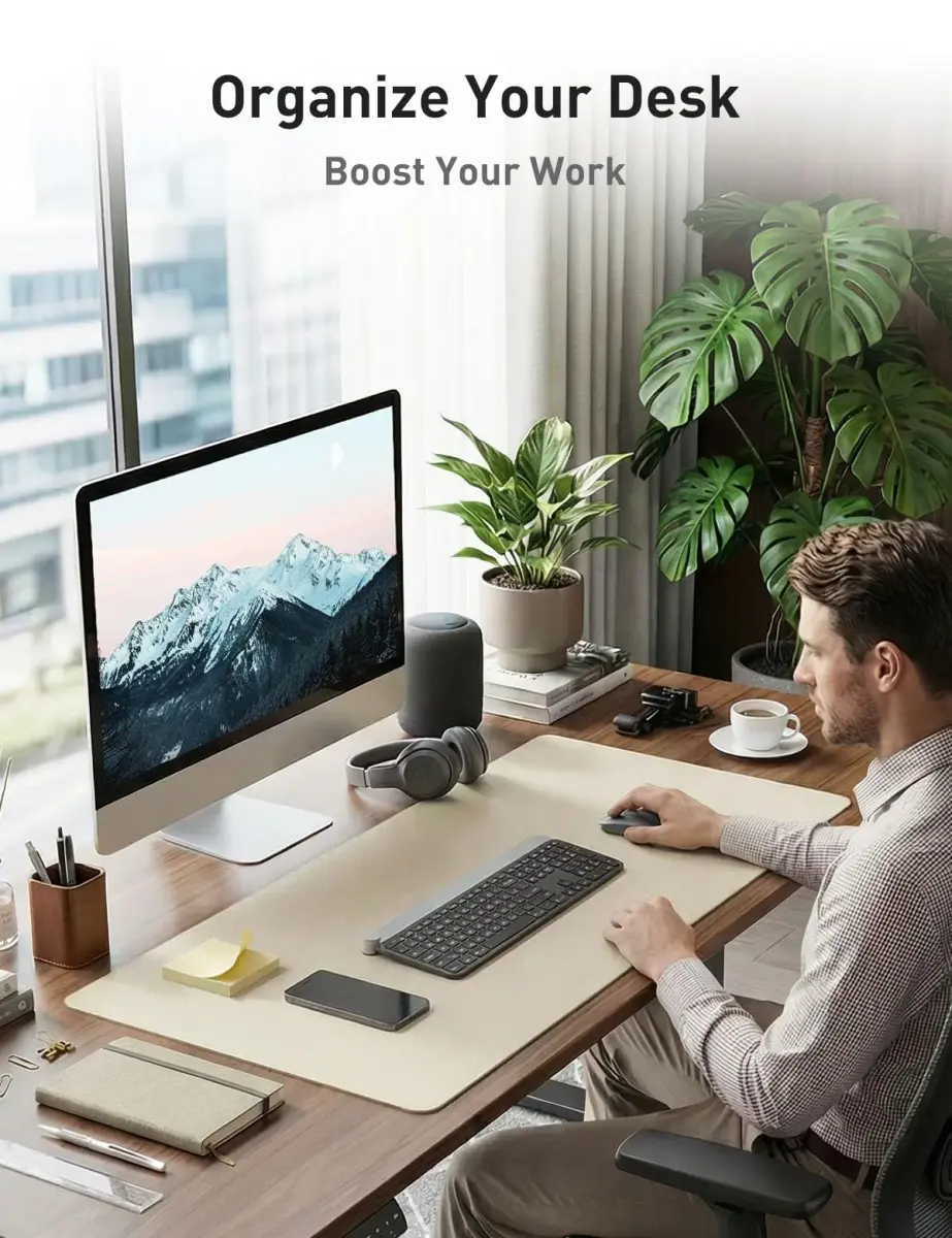 Aothia Faux Leather Desk Mat - Large Beige Blotter 140cm x 43cm (55" x 17") | Protects Desks from Scratches, Spills, and Heat - view 3