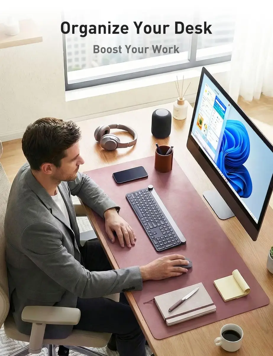 Aothia Faux Leather Desk Mat - Dark Pink, 140cm x 60cm (55" x 24") | Protects Desks from Scratches, Spills, and Heat - view 3