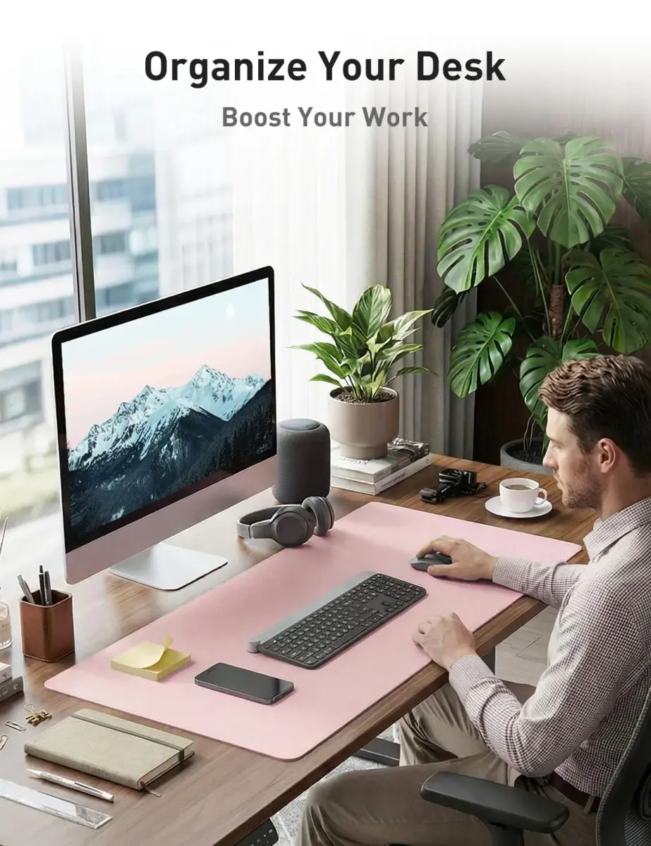Aothia Faux Leather Desk Mat - Fairy Pink, 140cm x 61cm (55" x 24") | Waterproof Writing Surface for Office & Home - view 3