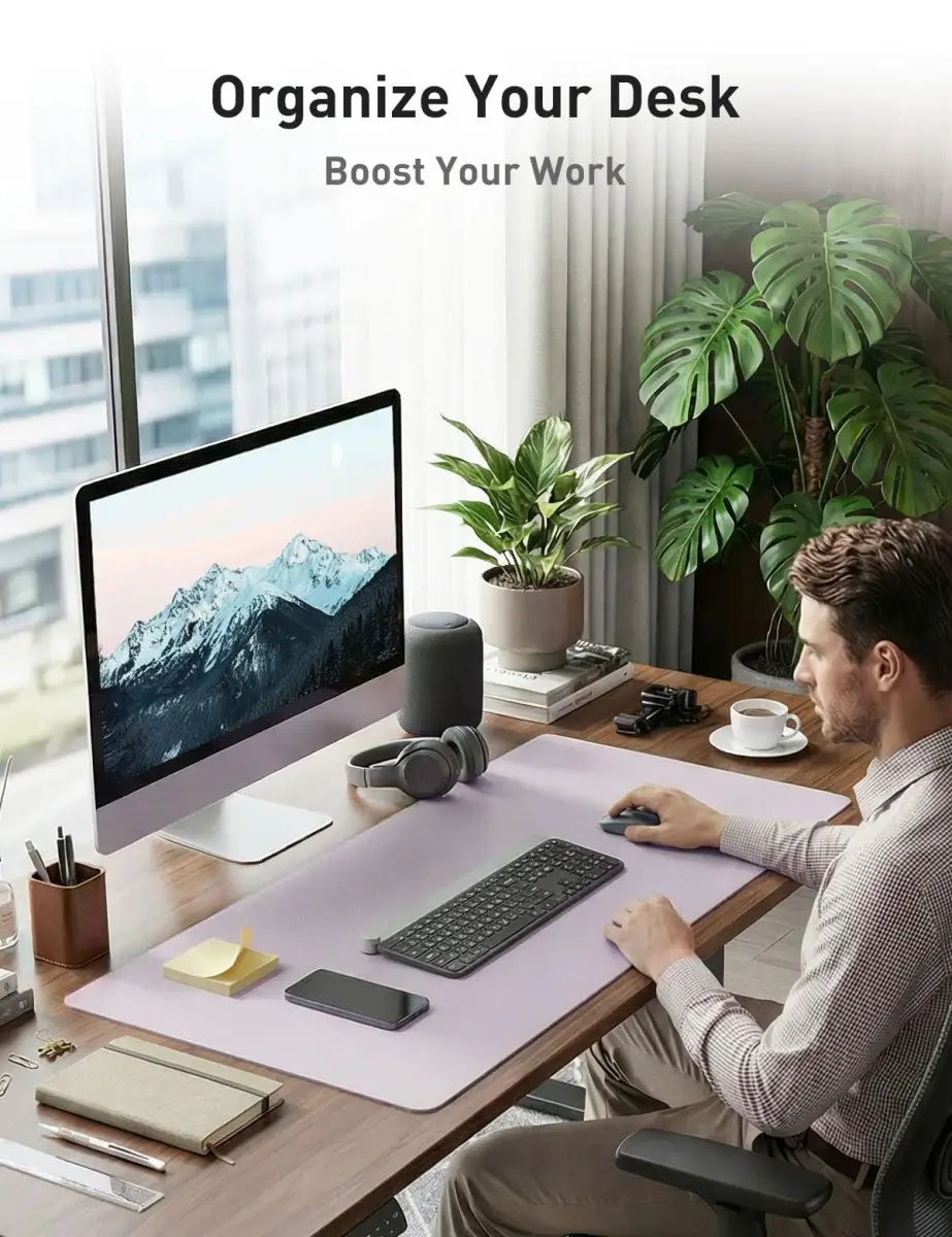 Aothia Soft Lavender PU Leather Desk Mat, Large Non-Slip Writing Surface (55" x 17") | Protects Desk from Scratches, Stains, Spills - view 3