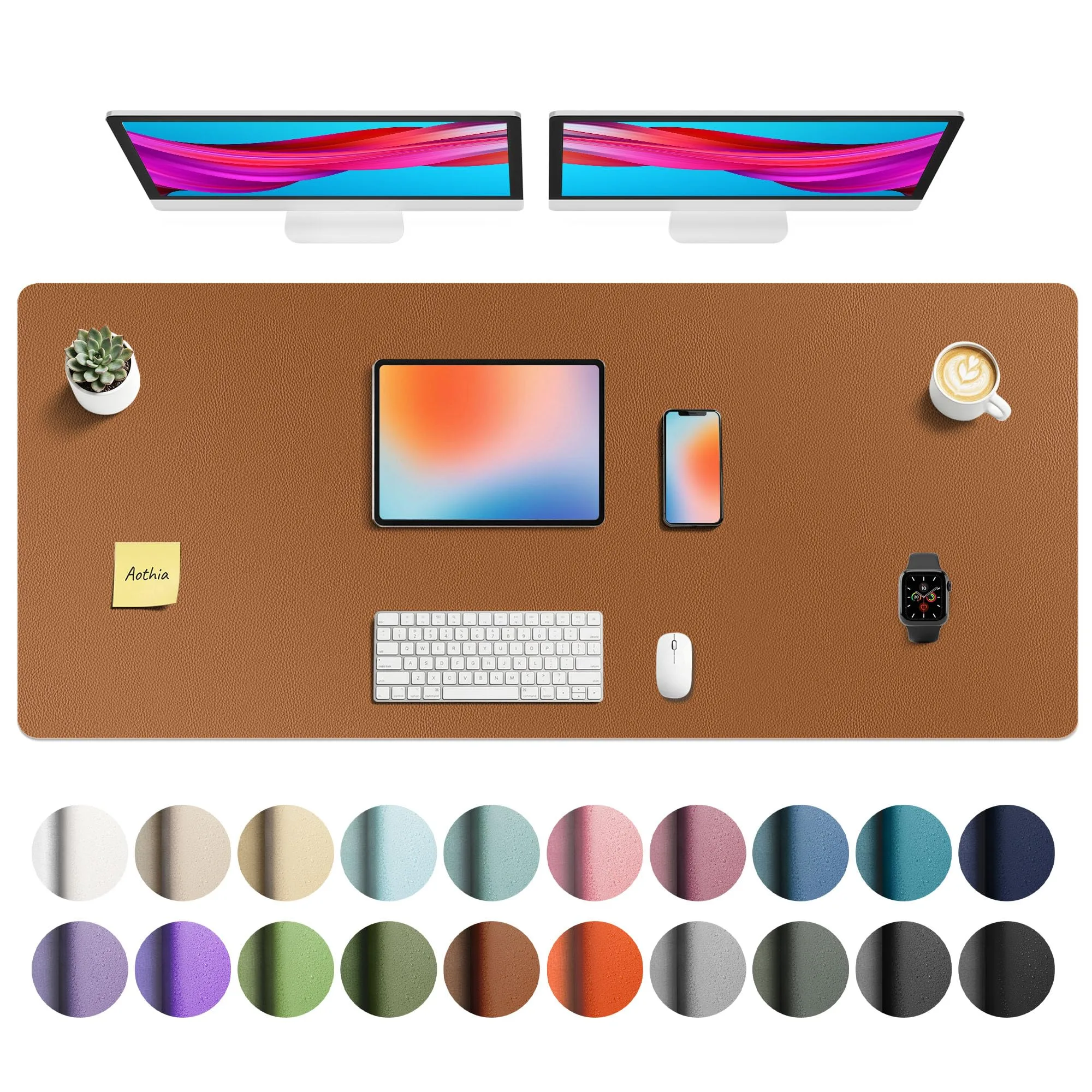 Aothia Faux Leather Desk Mat - Large Waterproof Writing Surface with Non-Slip PU Leather, 55" x 24" Brown - main product image