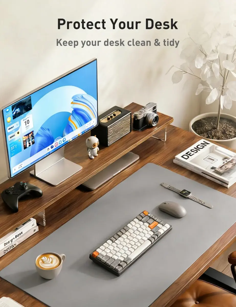 Aothia Faux Leather Desk Mat - Light Grey, 55" x 17" | Protects Desks, Smooth Writing Surface - view 8