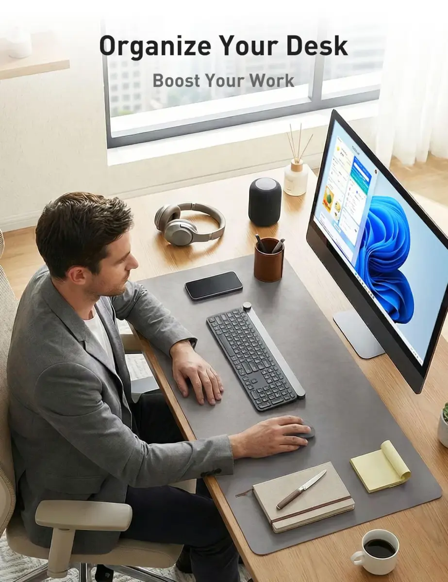 Aothia Faux Leather Desk Mat - Light Grey, 55" x 17" | Protects Desks, Smooth Writing Surface - view 3