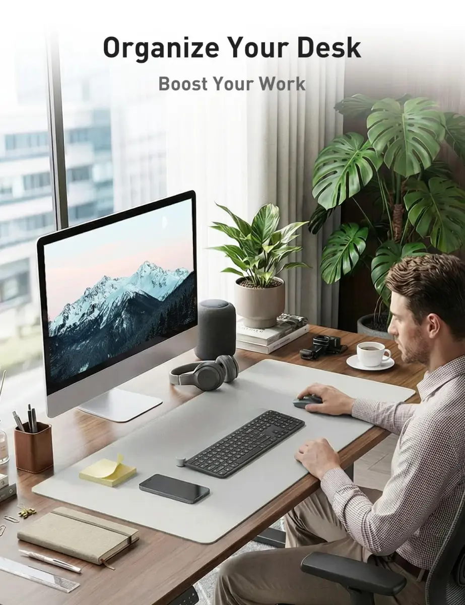 Aothia Faux Leather Desk Mat - Barely Grey 140cm x 43cm | Protects Desks, Waterproof Writing Surface - view 3