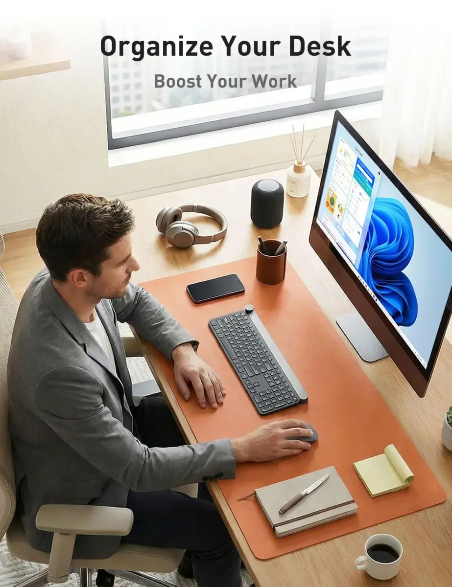 Aothia Faux Leather Desk Mat - Large Mouse Pad, Non-Slip PU Leather Blotter, Waterproof Writing Surface (Hermes Orange, 55" x 24") - view 3