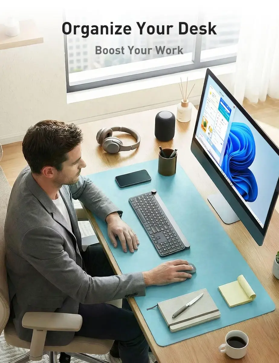 Aothia Faux Leather Desk Mat Blue Topaz 55" x 24" | Protects Your Desk from Scratches and Spills - view 3