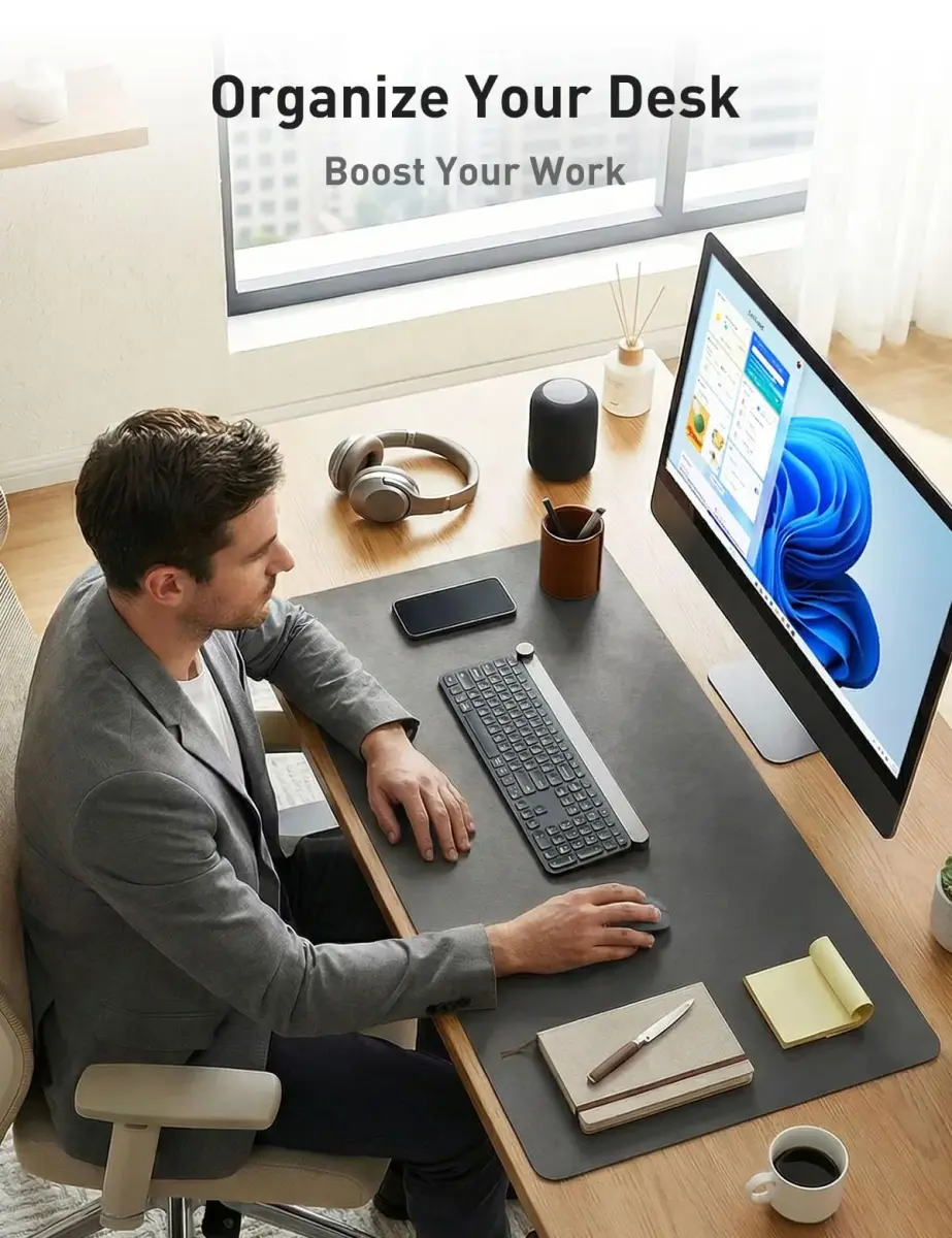 Aothia Faux Leather Desk Mat - 137cm x 43cm (55" x 17") | Protects Desks, Waterproof Writing Surface, Non-Slip Suede Back - view 3