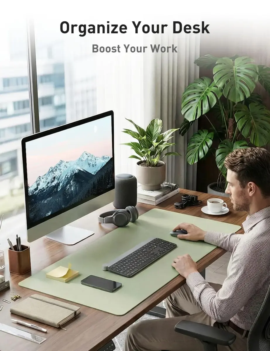 Aothia Faux Leather Desk Mat - Non-Slip PU Leather Desk Blotter, Waterproof Writing Surface, Large Desk Pad for Office & Home (Grass Green, 139.7cm x 43.18cm) - view 3