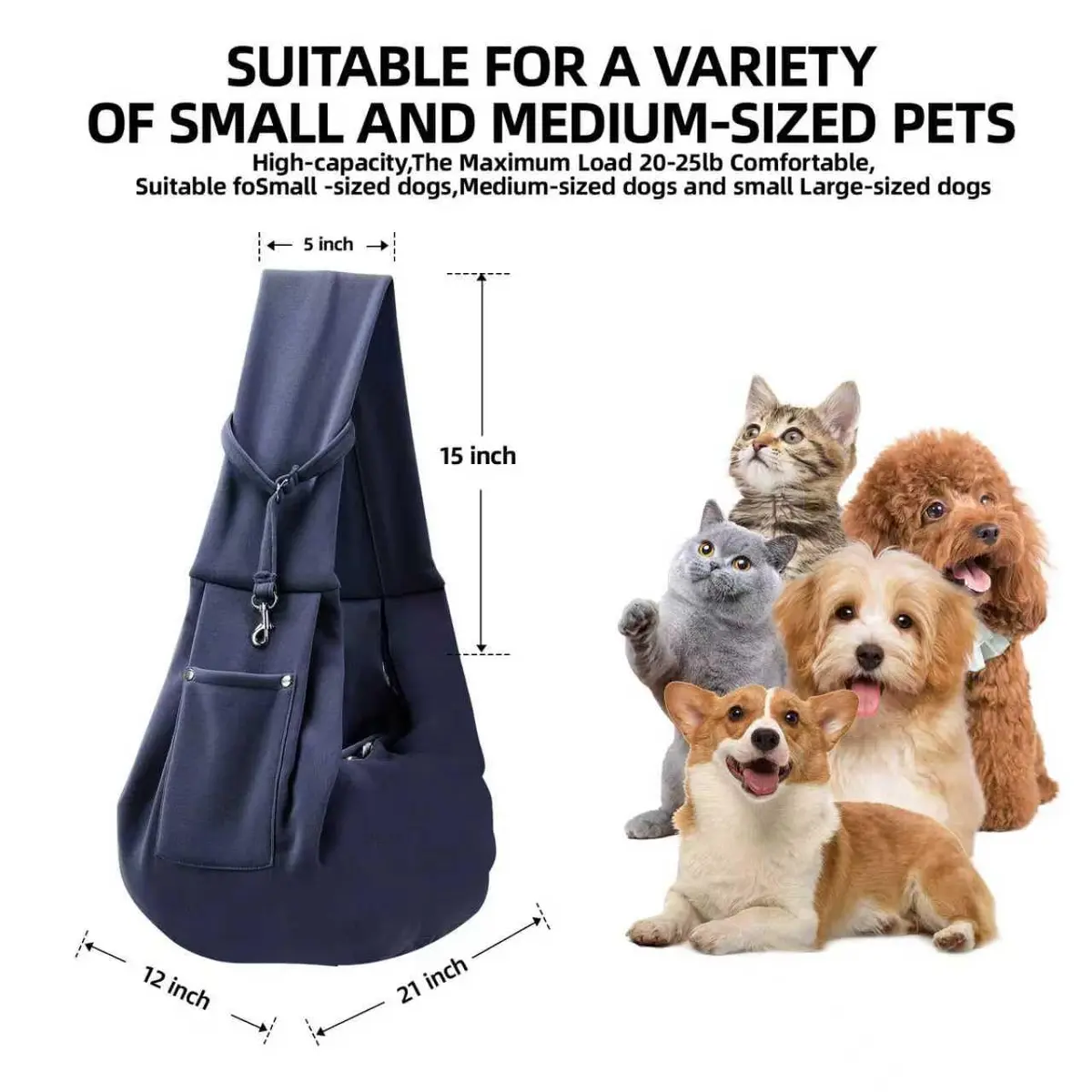 ARZQUT Dog and Cat Carrier Sling Bag | Dark Blue, 53cm (21") L x 30cm (12") W - view 5