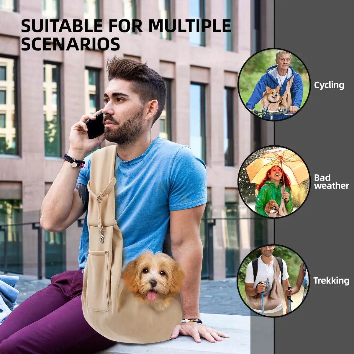 ARZQUT Small Pet Carrier Sling Bag with Storage Pocket & Safety Buckle, 53cm x 30cm (21" x 12") | Breathable Cotton for Cats & Dogs - view 2
