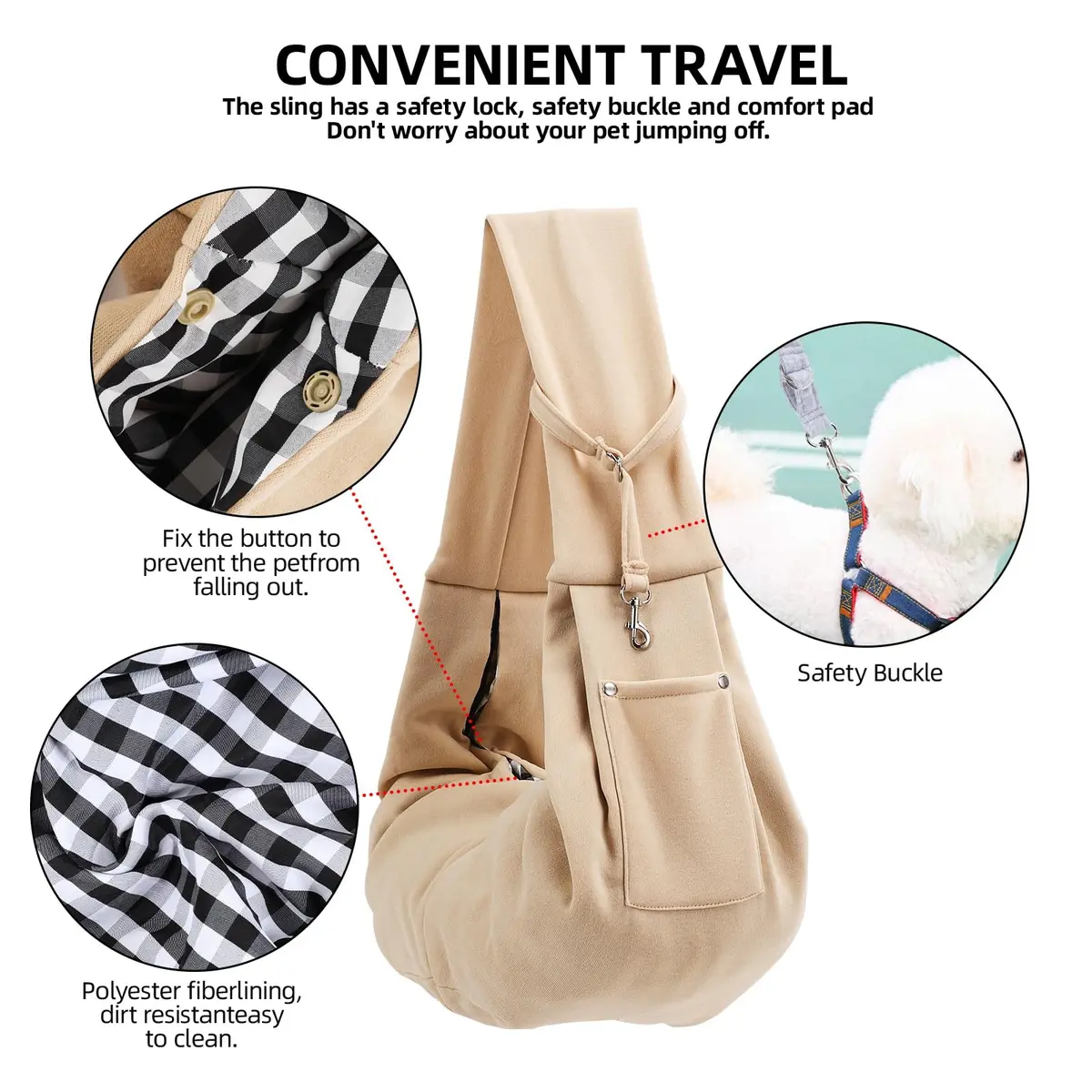 ARZQUT Small Pet Carrier Sling Bag with Storage Pocket & Safety Buckle, 53cm x 30cm (21" x 12") | Breathable Cotton for Cats & Dogs - view 4