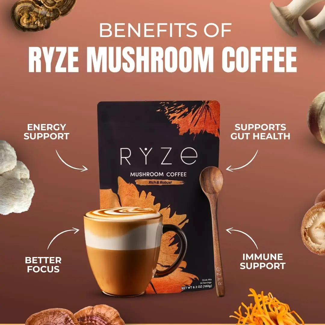 RYZE Mushroom Coffee Starter Kit Dark Roast, 252 g (8.8 oz) | 6 Adaptogenic Mushrooms, 90mg Caffeine, USA Import - view 8