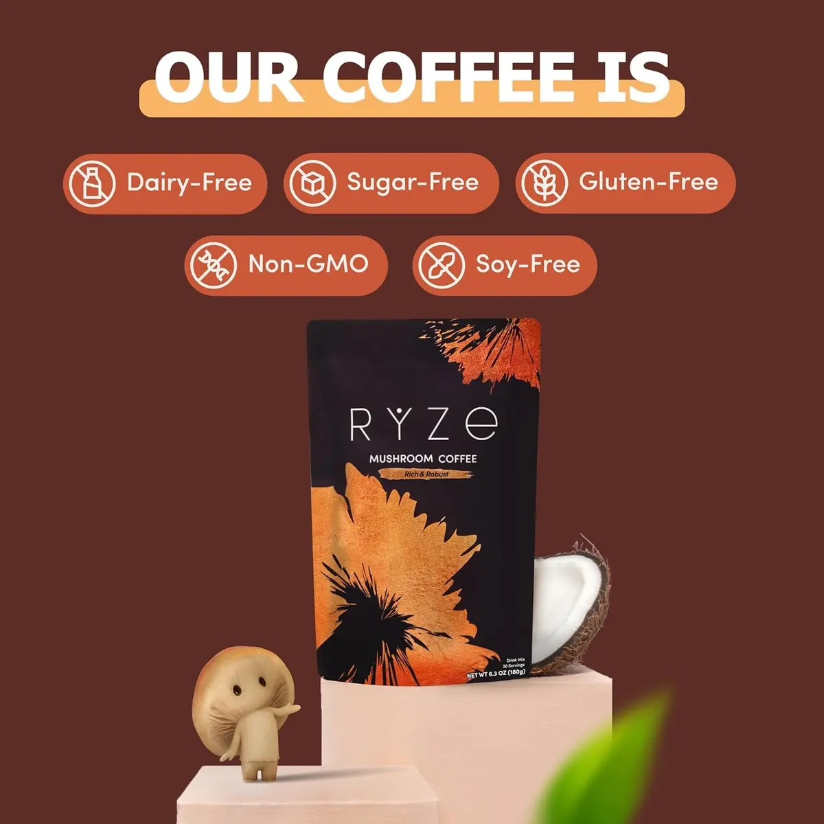 RYZE Mushroom Coffee Starter Kit Dark Roast, 252 g (8.8 oz) | 6 Adaptogenic Mushrooms, 90mg Caffeine, USA Import - view 2