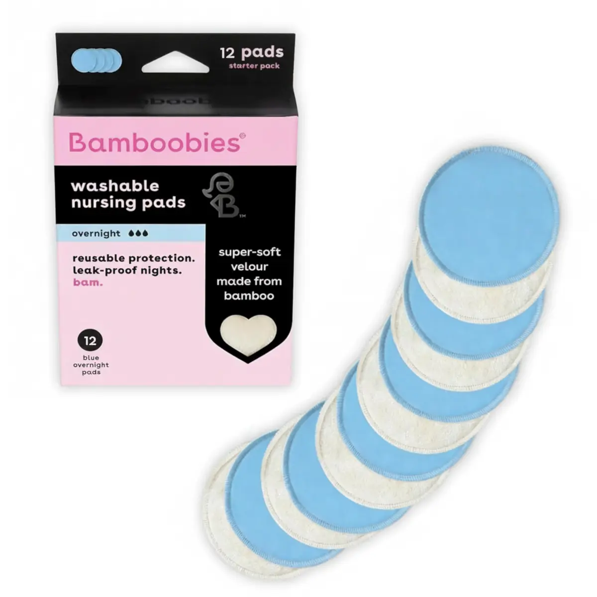 Bamboobies Soft Reusable Overnight Nursing Pads 12 Count | Ultra-Soft Velour Overnight Nursing Pads - main product image