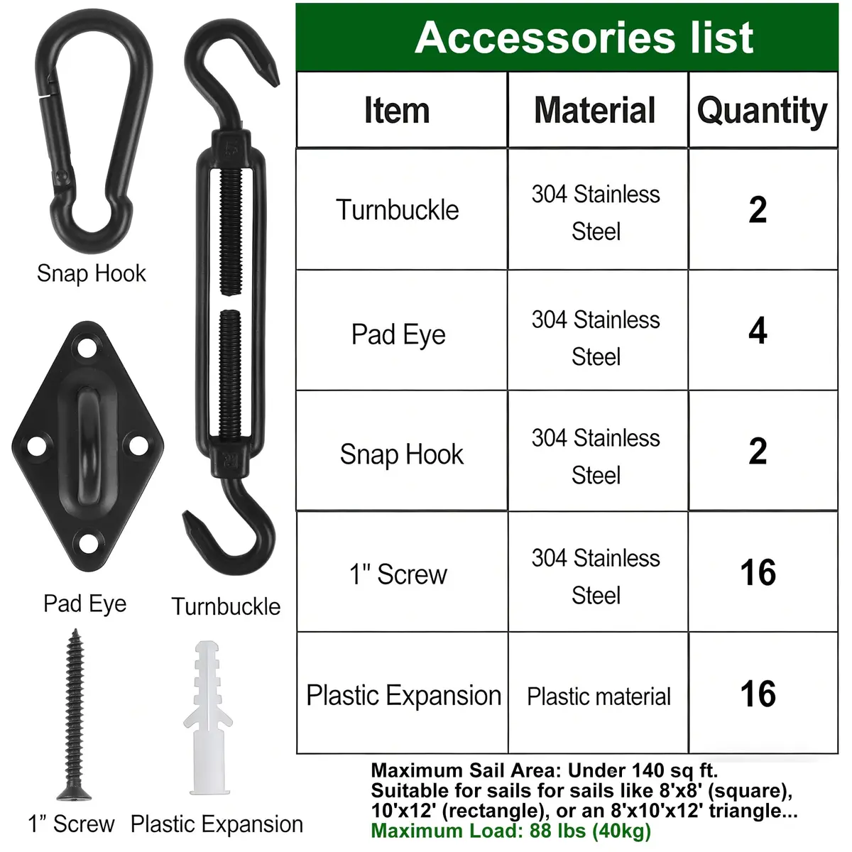 YOFIT Black 40 Pcs 5 Inch Shade Sail Hardware Kit with Turnbuckles | Heavy-Duty 304 Stainless Steel for Outdoor Patio Canopy Installation - view 5
