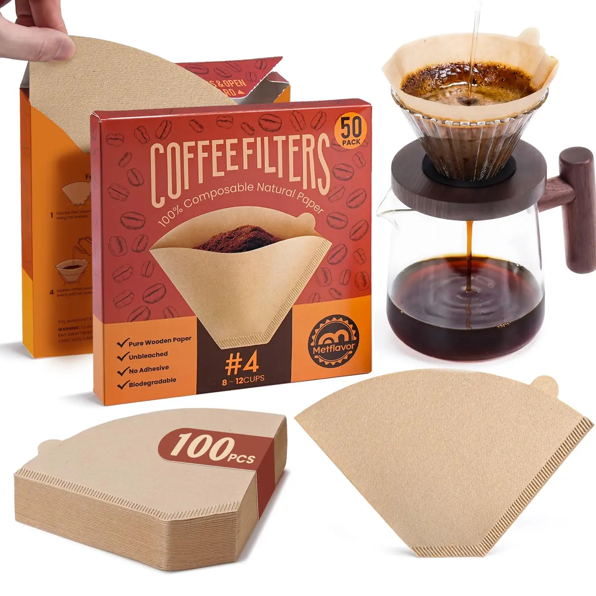Metflavor #4 Coffee Filters 100 Count | Unbleached Cone Filters for 8-12 Cup Coffee - main product image