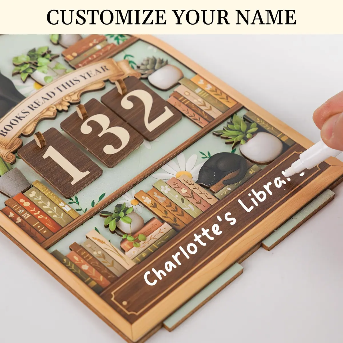 DINIZON Books Read This Year Counter, Wooden Book Tracker 7 X 6 Inch | Personalize With Name - view 3