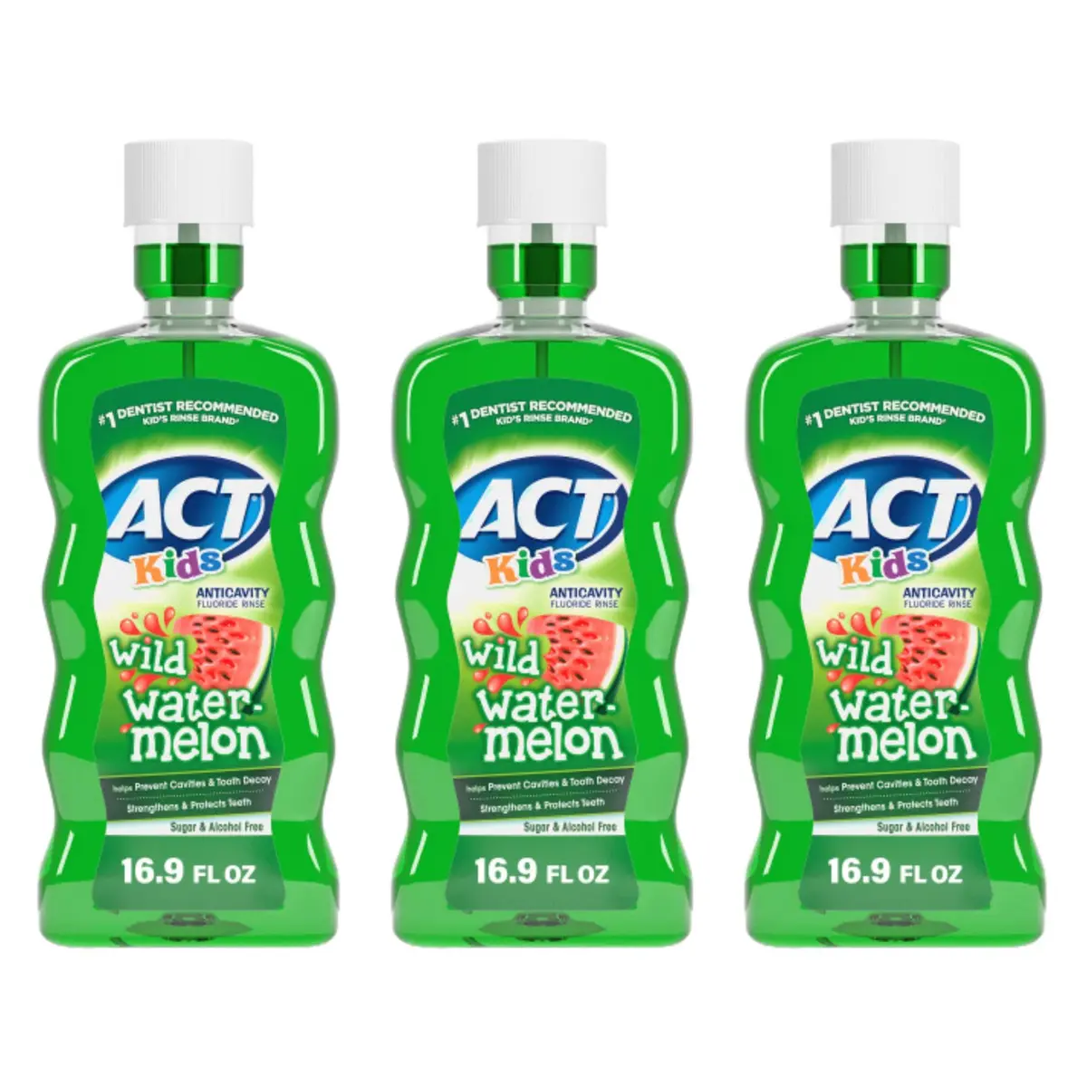 ACT Kids Anticavity Fluoride Mouthwash 16.9 fl. oz. | Sugar & Alcohol Free, Wild Watermelon, 3 Pack - main product image