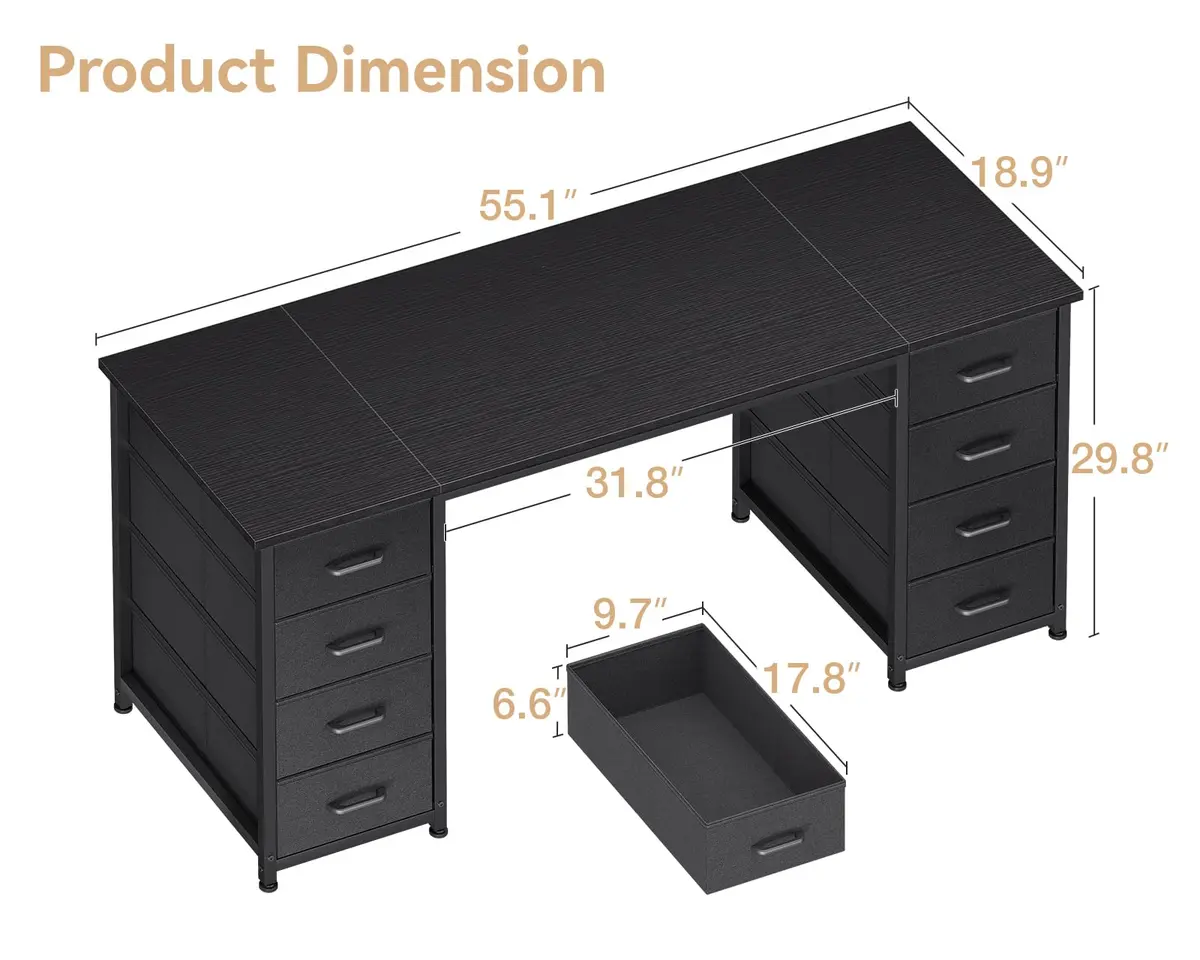 Casaottima 55 Inches Computer Desk with 8 Fabric Drawers | Modern Office Storage for Home & Study - view 4