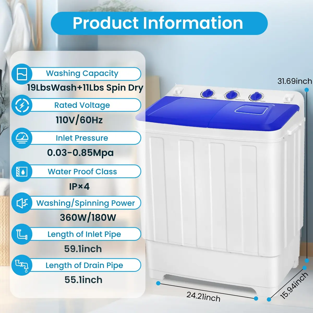 Nictemaw Portable Washing Machine, 30Lbs Capacity Twin Tub with Drain Pump | Compact Laundry for Apartments & RVs - view 9