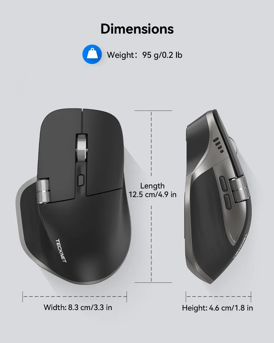 TECKNET Wireless Mouse, 3-Device Bluetooth Rechargeable Ergonomic Optical Mouse with Side Scroll & 6-Level DPI, Grey - view 5