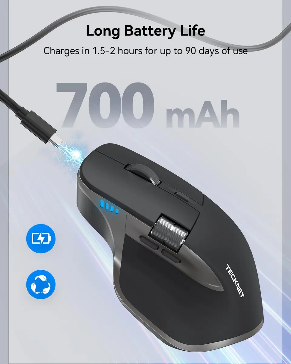 TECKNET Wireless Mouse, 3-Device Bluetooth Rechargeable Ergonomic Optical Mouse with Side Scroll & 6-Level DPI, Grey - view 6