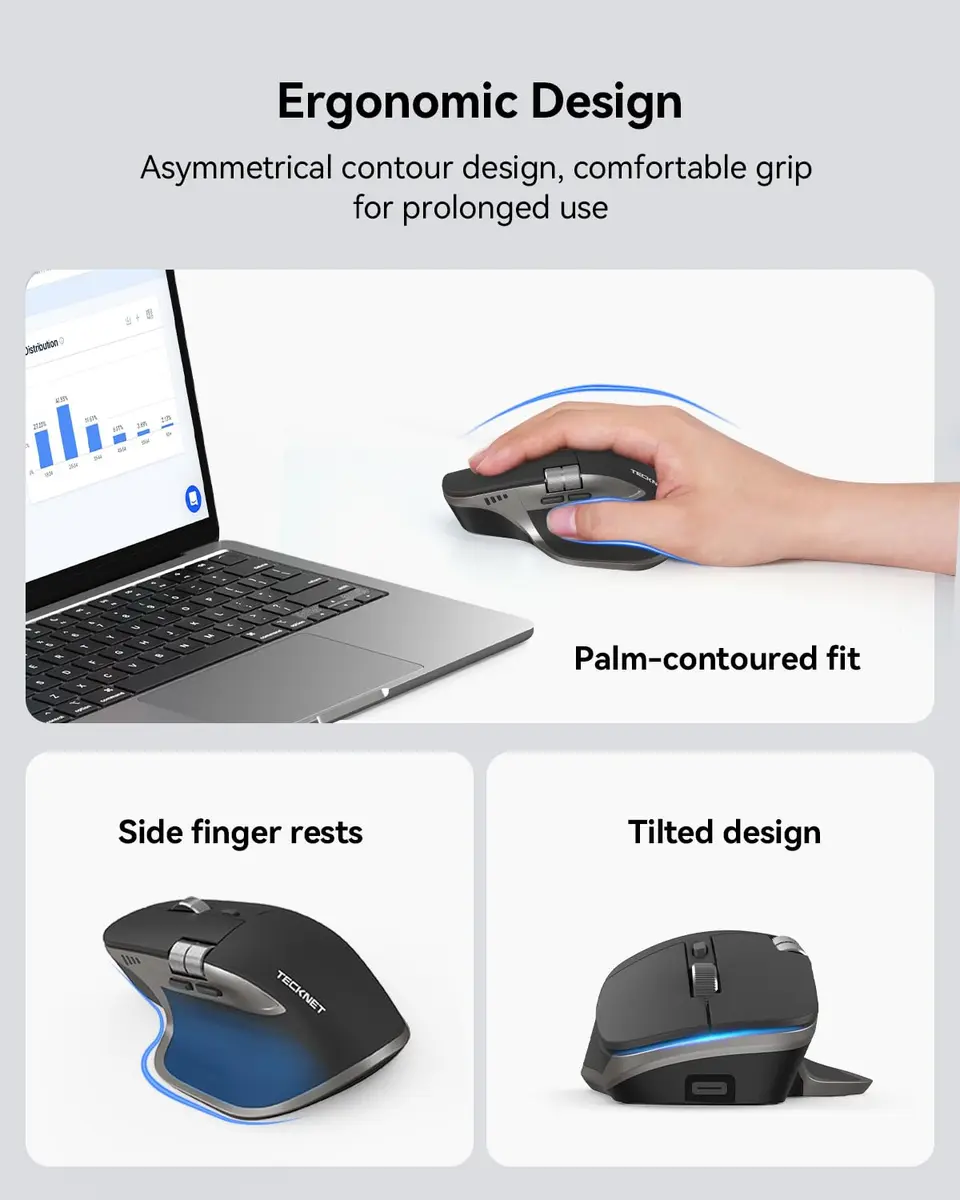 TECKNET Wireless Mouse, 3-Device Bluetooth Rechargeable Ergonomic Optical Mouse with Side Scroll & 6-Level DPI, Grey - view 8