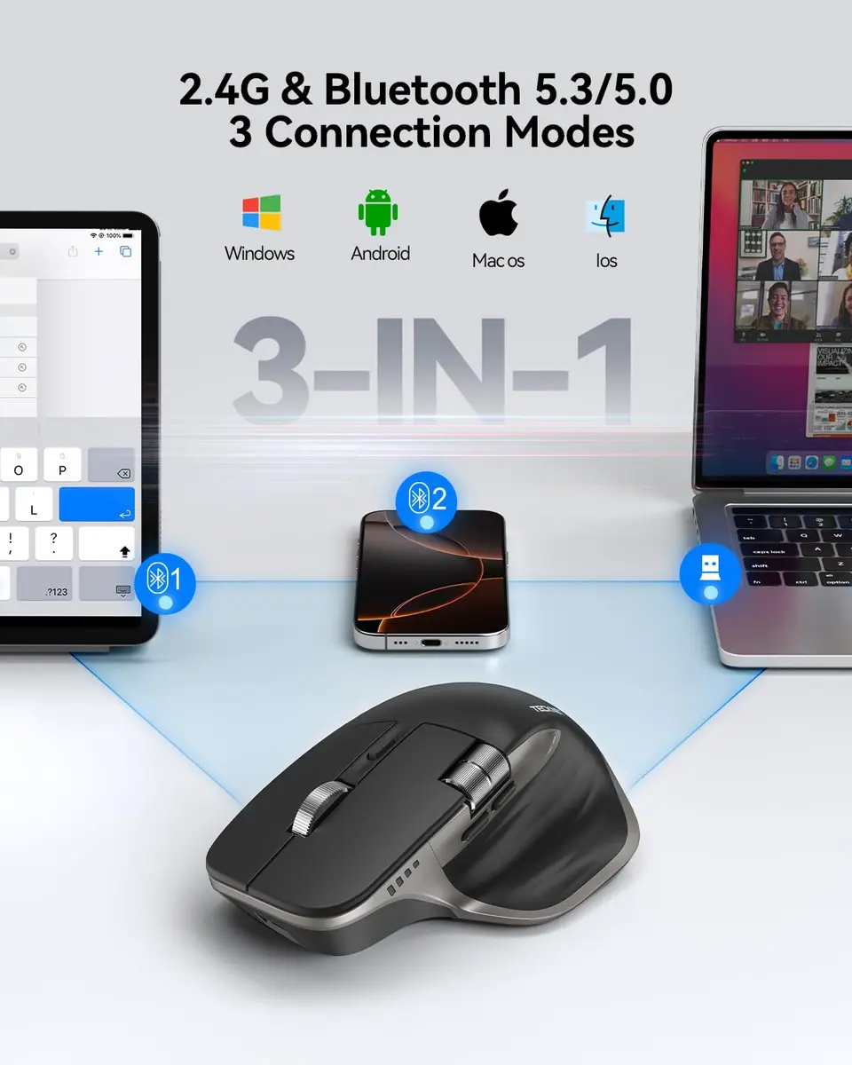 TECKNET Wireless Mouse, 3-Device Bluetooth Rechargeable Ergonomic Optical Mouse with Side Scroll & 6-Level DPI, Grey - view 2