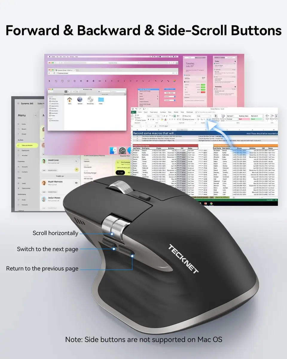 TECKNET Wireless Mouse, 3-Device Bluetooth Rechargeable Ergonomic Optical Mouse with Side Scroll & 6-Level DPI, Grey - view 3