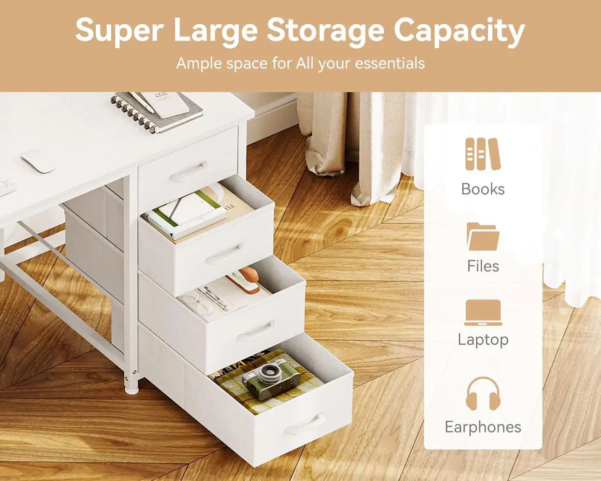 Casaottima 55 Inches Computer Desk with 8 Fabric Drawers | Modern Office Storage in White - view 4
