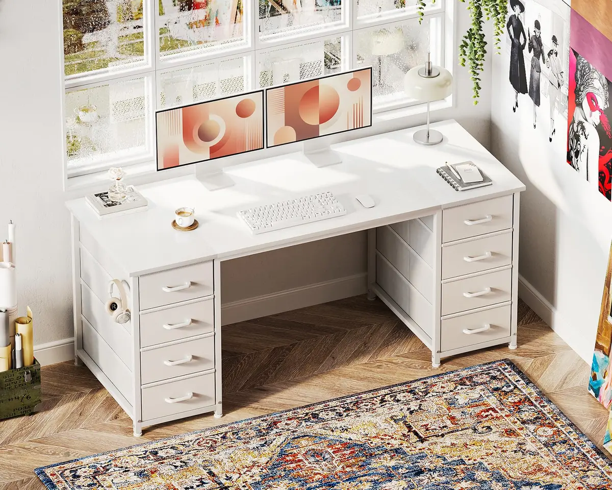 Casaottima 55 Inches Computer Desk with 8 Fabric Drawers | Modern Office Storage in White - view 6
