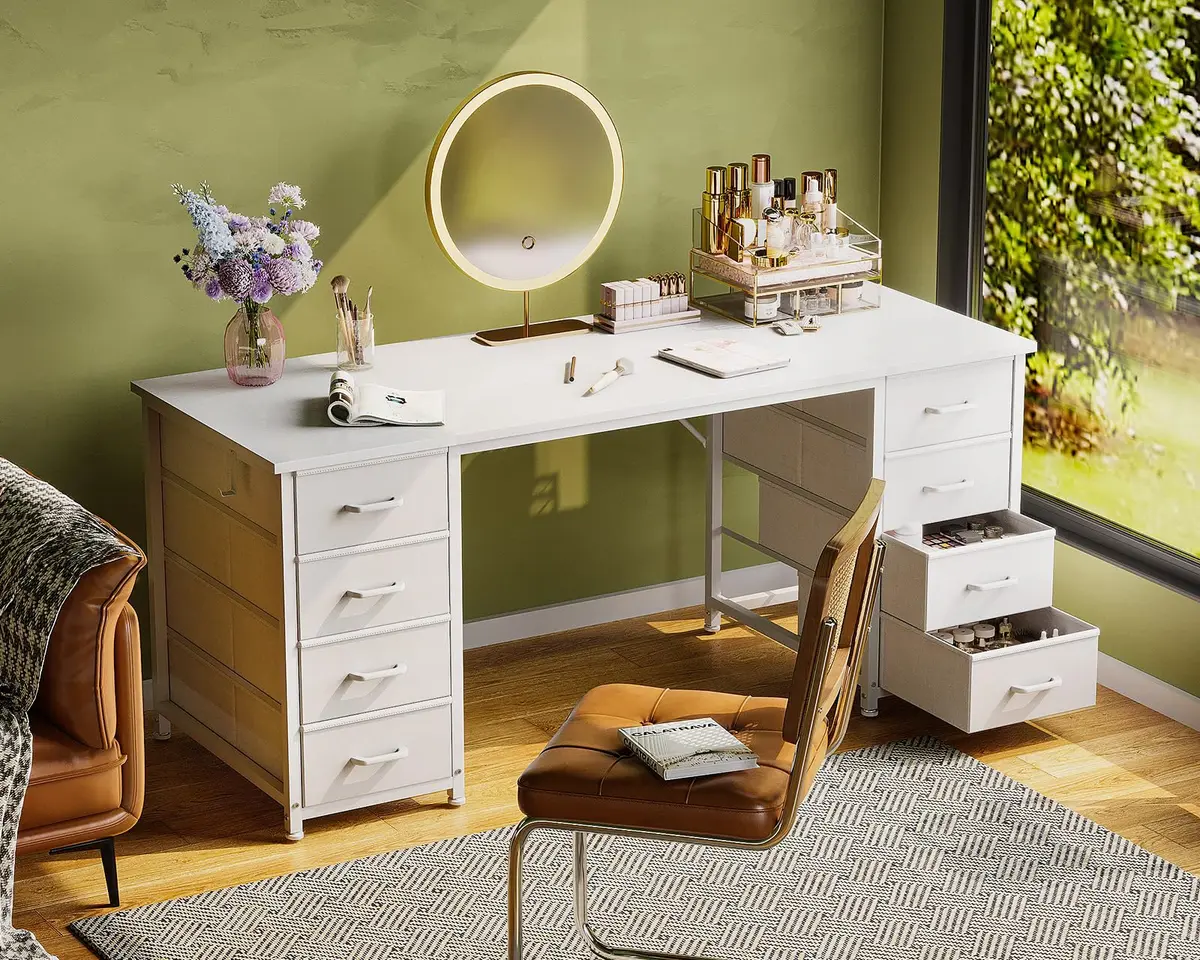 Casaottima 55 Inches Computer Desk with 8 Fabric Drawers | Modern Office Storage in White - view 7