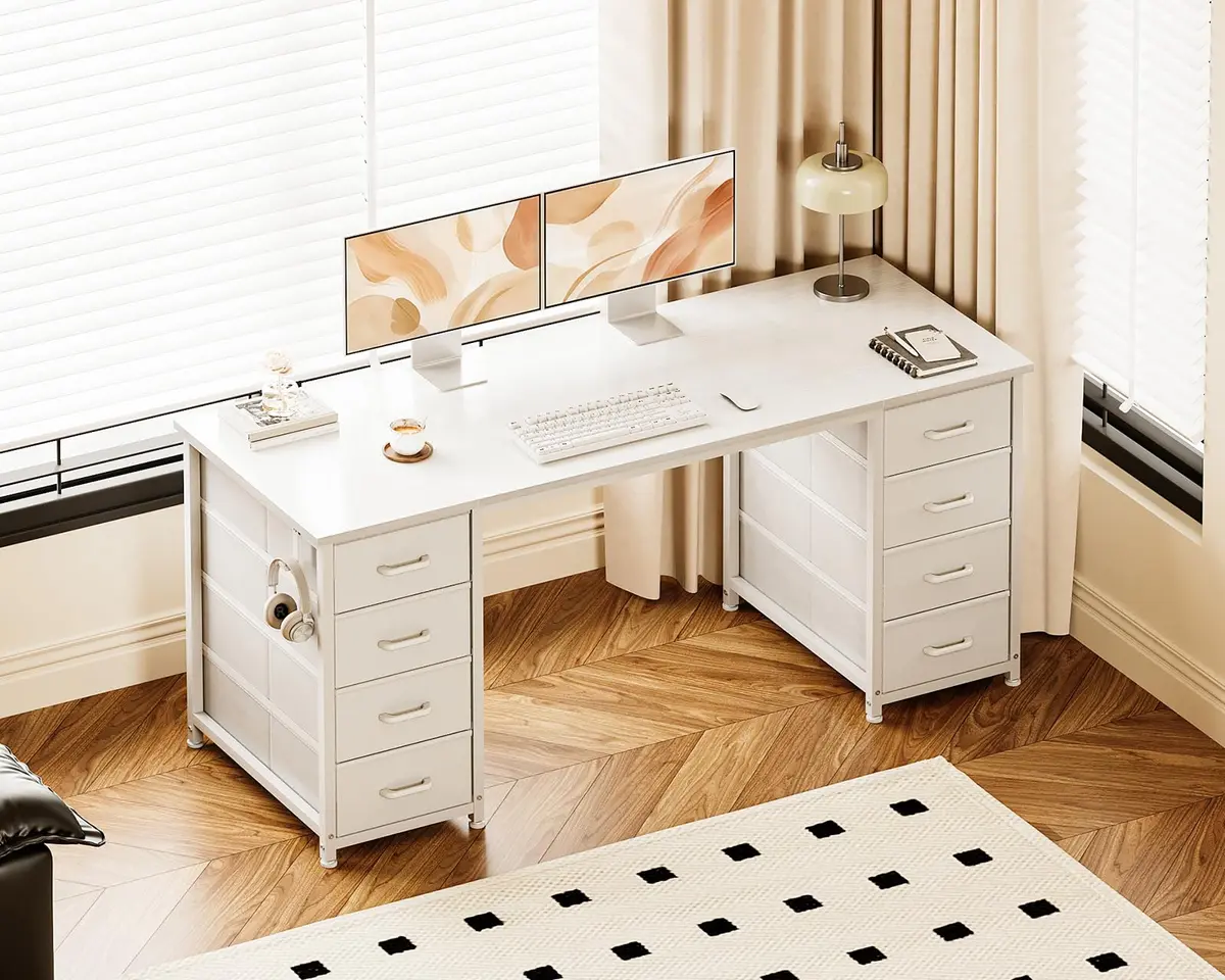Casaottima 55 Inches Computer Desk with 8 Fabric Drawers | Modern Office Storage in White - view 2