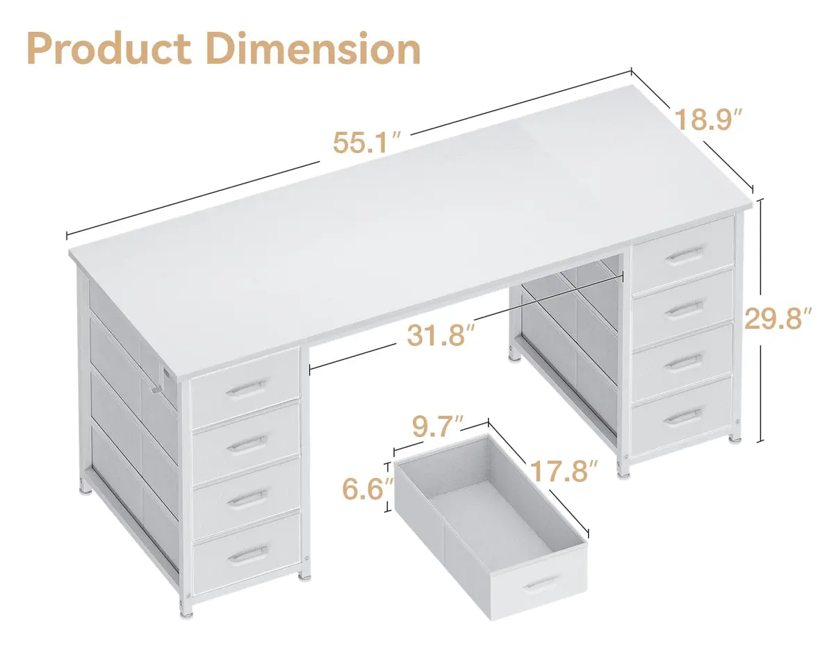 Casaottima 55 Inches Computer Desk with 8 Fabric Drawers | Modern Office Storage in White - view 3
