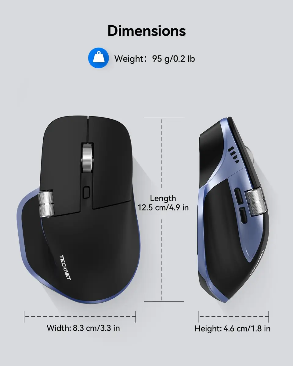 TECKNET Wireless Mouse, 3-Device Bluetooth Rechargeable, Side Scroll, Black & Blue | 6-Level DPI Optical Mouse - view 5