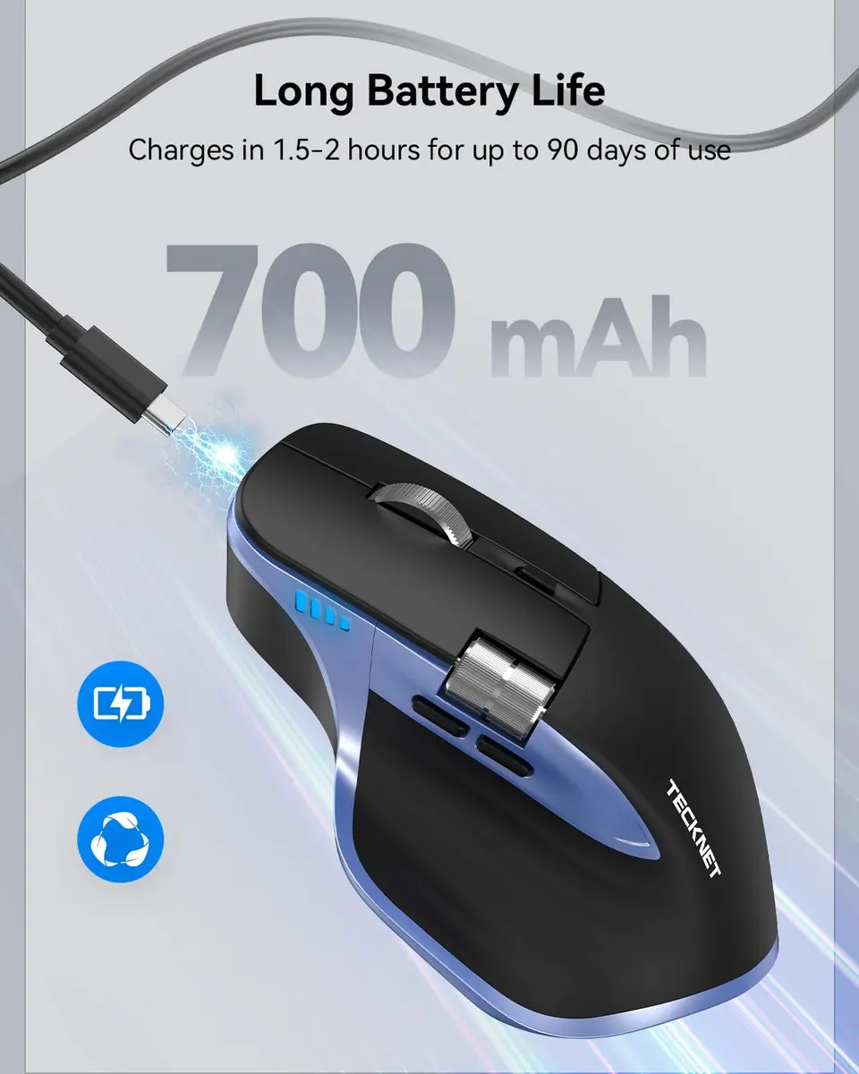 TECKNET Wireless Mouse, 3-Device Bluetooth Rechargeable, Side Scroll, Black & Blue | 6-Level DPI Optical Mouse - view 6