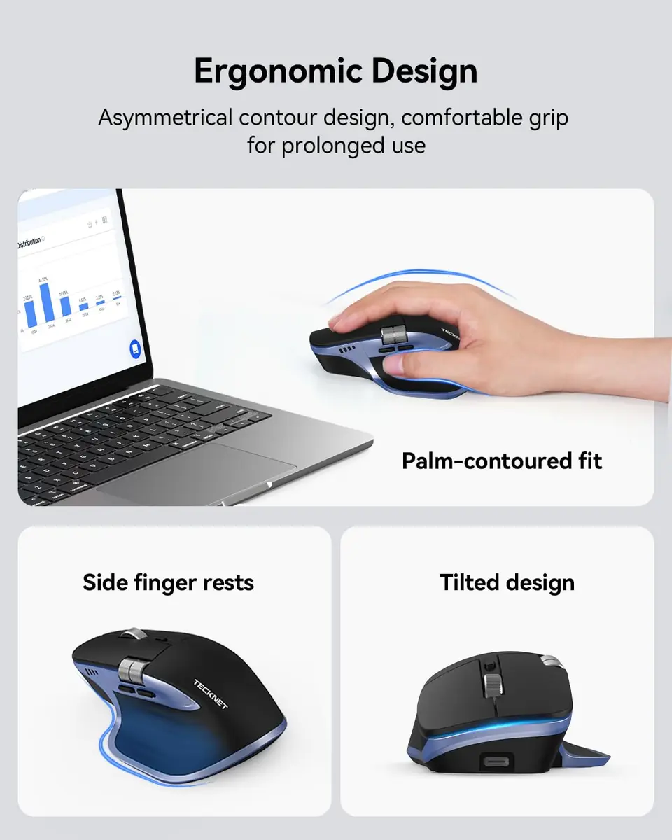 TECKNET Wireless Mouse, 3-Device Bluetooth Rechargeable, Side Scroll, Black & Blue | 6-Level DPI Optical Mouse - view 8