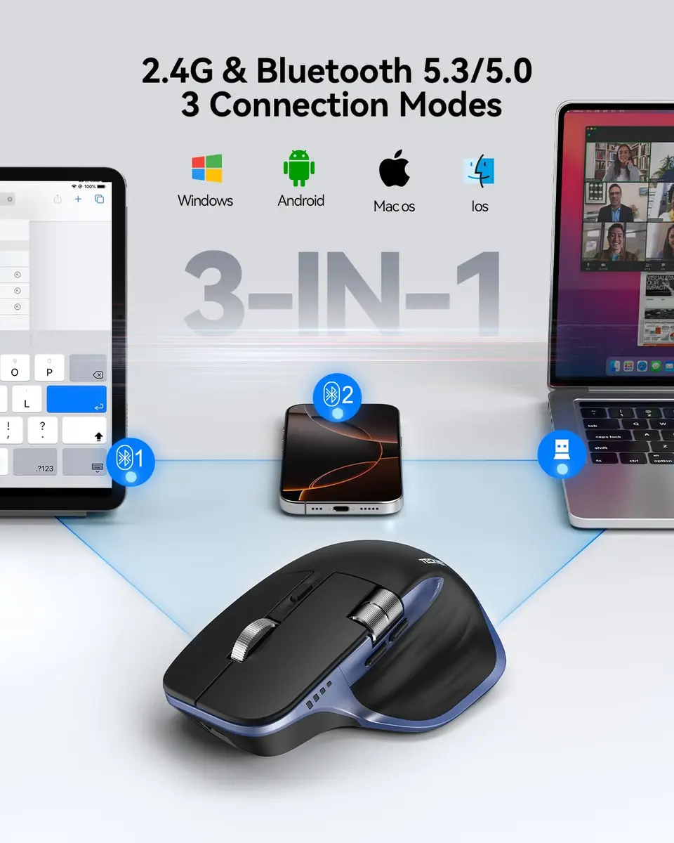 TECKNET Wireless Mouse, 3-Device Bluetooth Rechargeable, Side Scroll, Black & Blue | 6-Level DPI Optical Mouse - view 2
