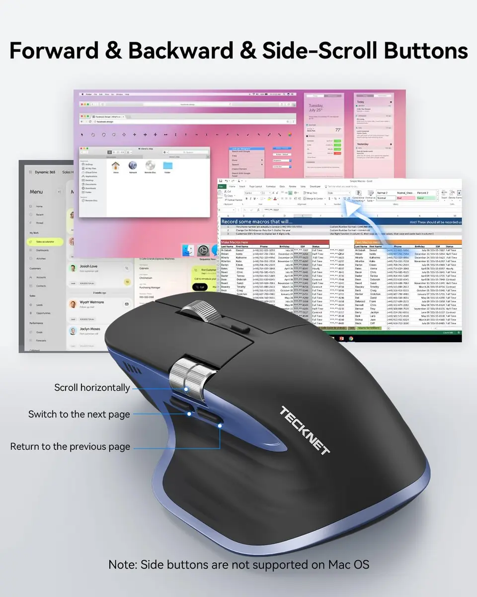 TECKNET Wireless Mouse, 3-Device Bluetooth Rechargeable, Side Scroll, Black & Blue | 6-Level DPI Optical Mouse - view 3