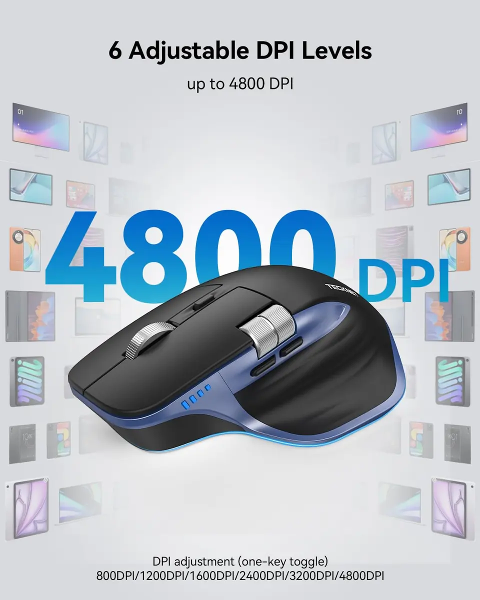 TECKNET Wireless Mouse, 3-Device Bluetooth Rechargeable, Side Scroll, Black & Blue | 6-Level DPI Optical Mouse - view 4